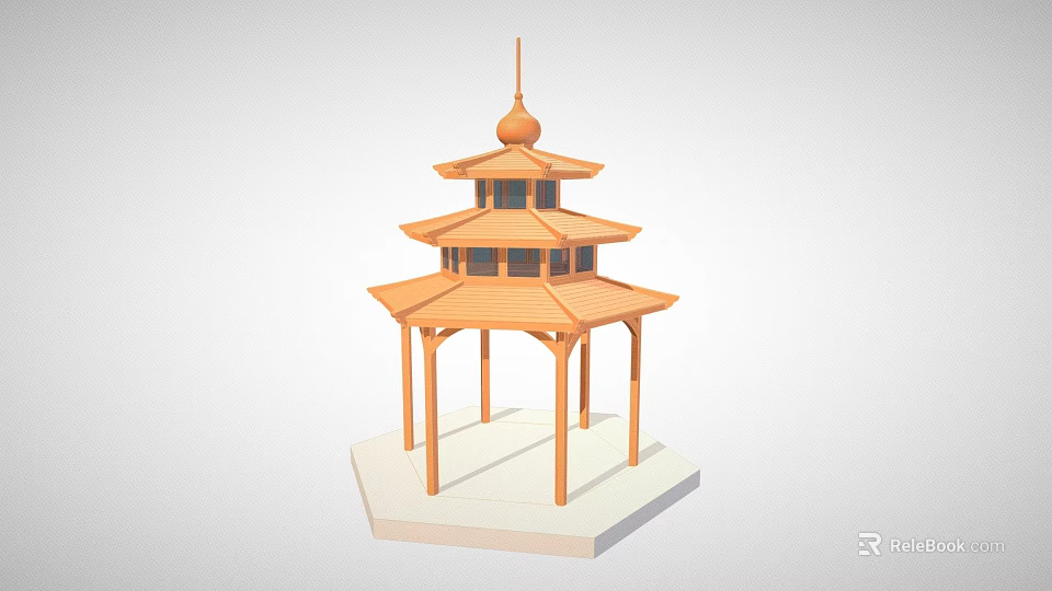 Traditional Chinese Wooden Pavilion With Multi Tiered Roof And Spire Decoration 3d model 