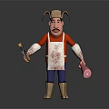 Animated Game Movie Character in Red Shirt Blue Apron with Bloodstains Holding Palette and Ham