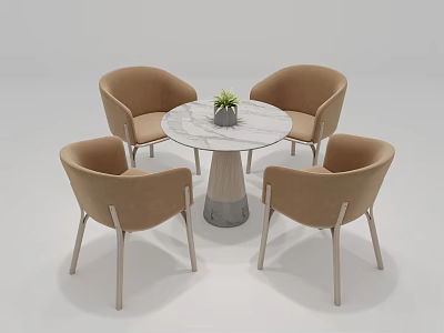 Round Marble Dining Table with Four Light Brown Upholstered Chairs and Gray Legs 3d model
