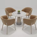 Round Marble Dining Table with Four Light Brown Upholstered Chairs and Gray Legs
