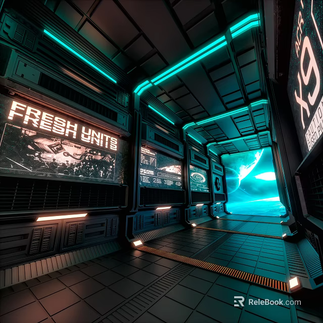 Futuristic Sci-Fi Corridor With Neon Teal Lighting And Screens Displaying FRESH UNITS And Illuminated Exit 3d model 