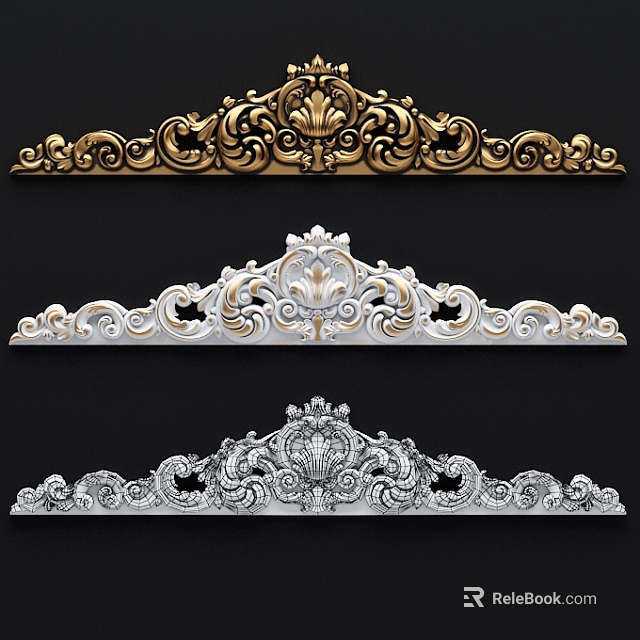 Intricate Ornate Wainscoting with Gold White and Silver Carved Decorative Patterns 3d model 
