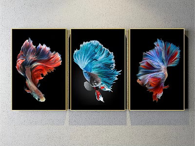 Colorful Betta Fish Animal Paintings Three Piece Wall Art with Vibrant Red Blue Hues 3d model