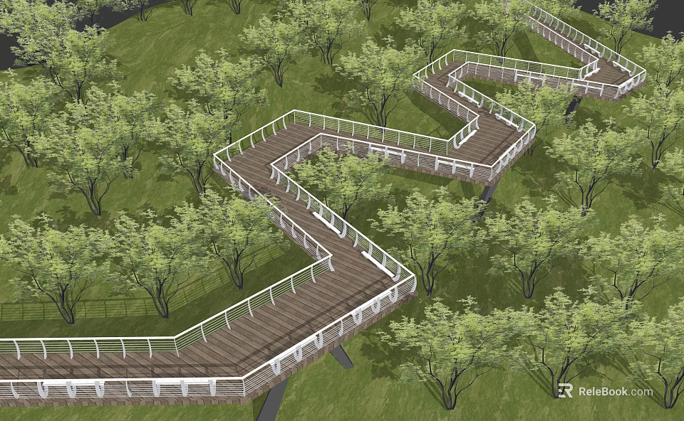 Scenic Road Facilities Featuring Winding Wooden Walkway With White Railings Among Lush Green Trees 3d model 