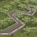 Scenic Road Facilities Featuring Winding Wooden Walkway With White Railings Among Lush Green Trees