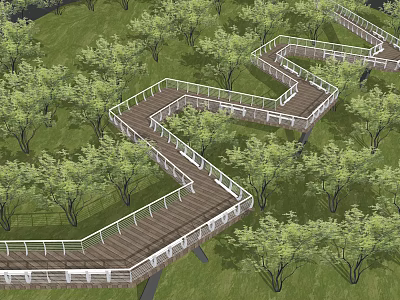 Scenic Road Facilities Featuring Winding Wooden Walkway With White Railings Among Lush Green Trees 3d model