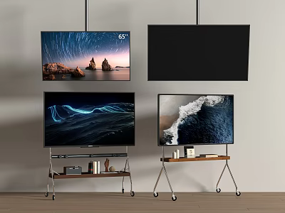 Multiple TVs Wall Mounted and on Rolling Metal Stands Showing Nature Scenes with Storage Shelves 3d model