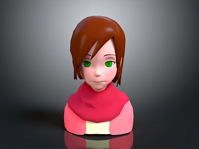 3D Animated Game Character With Brown Hair Green Eyes Red Scarf And Pink Top 3d model