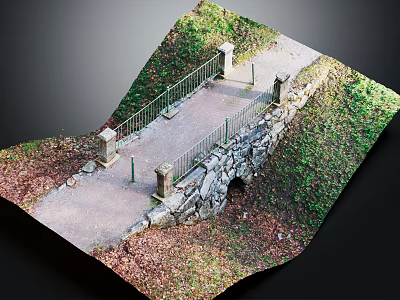Scenic Stone Bridge With Slate Path Metal Railings Stone Pillars Green Vegetation And Fallen Leaves 3d model