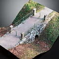 Scenic Stone Bridge With Slate Path Metal Railings Stone Pillars Green Vegetation And Fallen Leaves