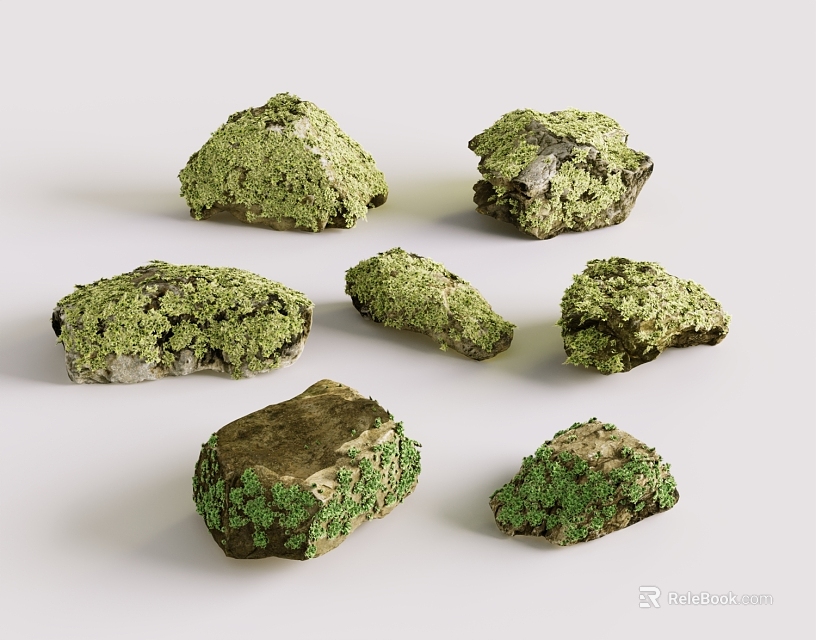 Rustic Natural Stone And Wood Decorative Pieces Covered In Green Moss 3d model 