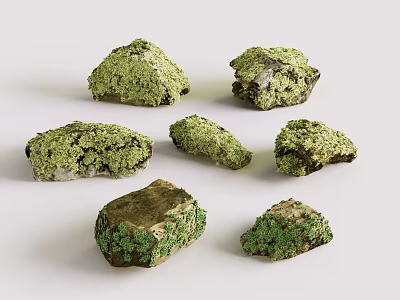 Rustic Natural Stone And Wood Decorative Pieces Covered In Green Moss 3d model