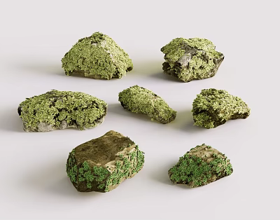 Rustic Natural Stone And Wood Decorative Pieces Covered In Green Moss 3d model