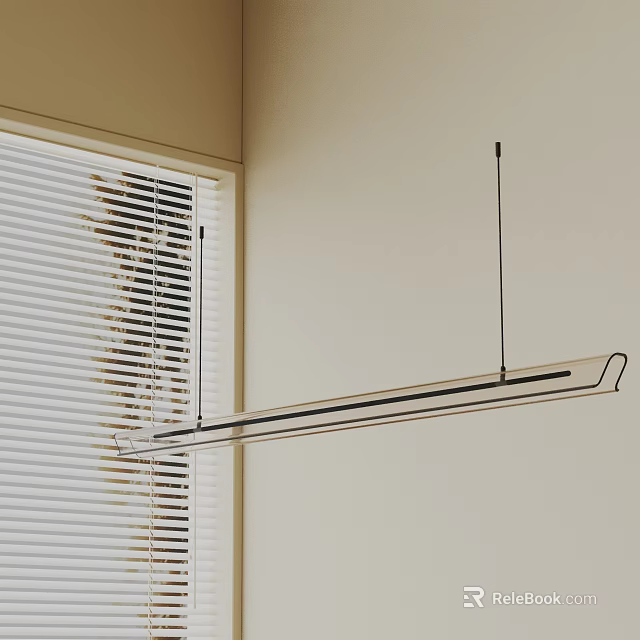 Sleek Contemporary Linear Chandelier Hanging In Living Room With Light Wall And Window Blinds 3d model 