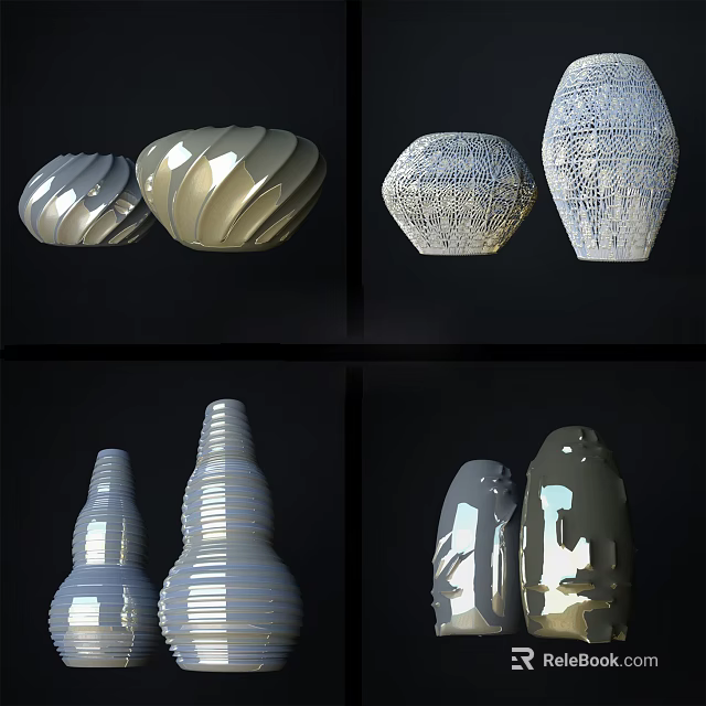 Modern Ceramic Vessels with Spiral Patterns Intricate Carvings and Decorative Designs 3d model 