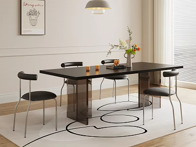Modern Black Dining Table Set with Chairs Pendant Light Wall Art Flower Vase and Rug 3d model