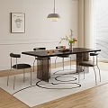 Modern Black Dining Table Set with Chairs Pendant Light Wall Art Flower Vase and Rug