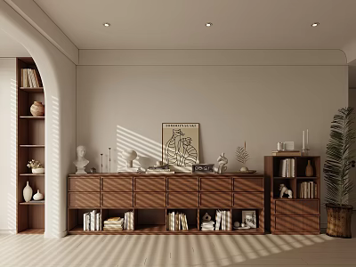 Cozy Living Room Wooden TV Stand With Decorations Books Sunlight And Light Shadows 3d model