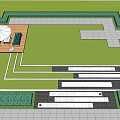 Modern Garden Wall Design In Landscaped Park With Green Lawn Trees And Pathways