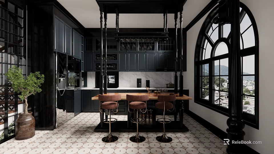 Dark Modern Kitchen Interior With Black Cabinets Marble Countertop And Bar Stools 3d model 