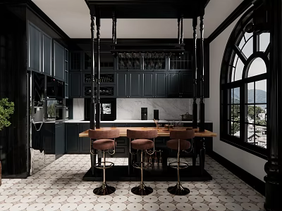 Dark Modern Kitchen Interior With Black Cabinets Marble Countertop And Bar Stools 3d model
