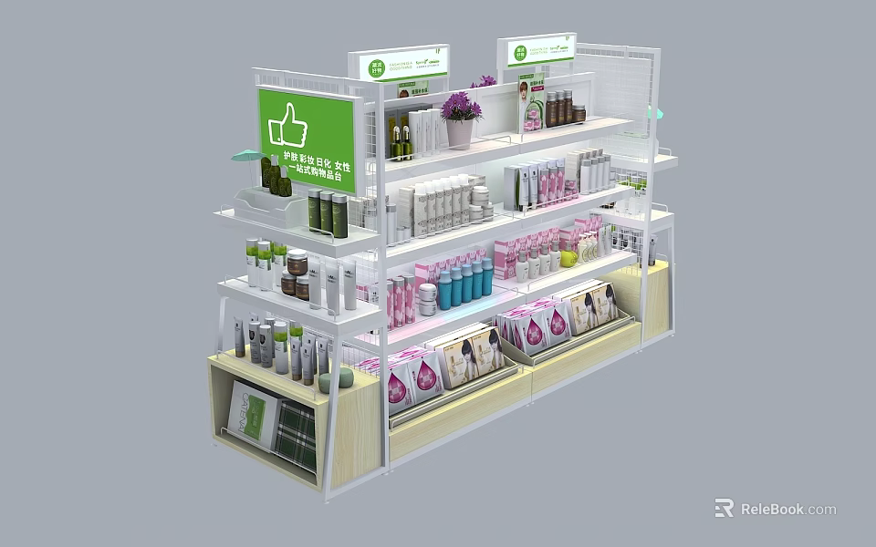 Multi tiered Retail Display Shelves with Colorful Products Green Signage and Decorative Flowers 3d model 