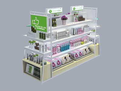 Multi tiered Retail Display Shelves with Colorful Products Green Signage and Decorative Flowers 3d model