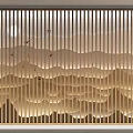 Wooden Sofa Backdrop Wall with Vertical Slats Mountain Pattern and Embedded Lighting Birds Decor 3d model