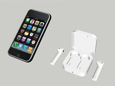 White Wireless Earbuds With Charging Case And Connected Smartphone 3d model