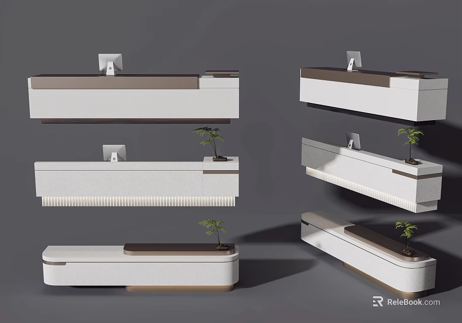Modern Reception Desk Designs With White Brown Finish And Potted Plant Decor 3d model 