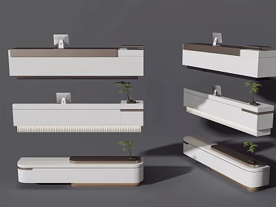 Modern Reception Desk Designs With White Brown Finish And Potted Plant Decor 3d model