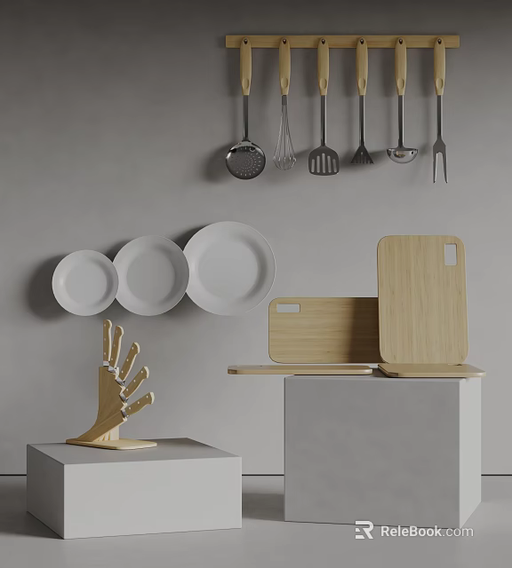 Kitchen Utensils Display With Plates Cutting Boards And Knife Block 3d model