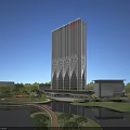 Modern High Rise Office Building With Glass Curtain Wall Landscaped Gardens And Waterfront Pathways
