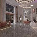 Modern Elegant Shop Front Desk With Marble Wall Chandelier Sofa Rug And Bookshelf