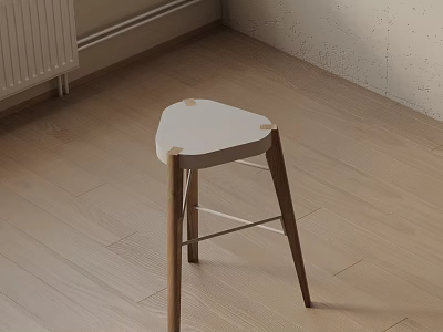 Minimalist Bar Stool With Slim Wooden Legs And White Smooth Seat On Light Wooden Floor 3d model