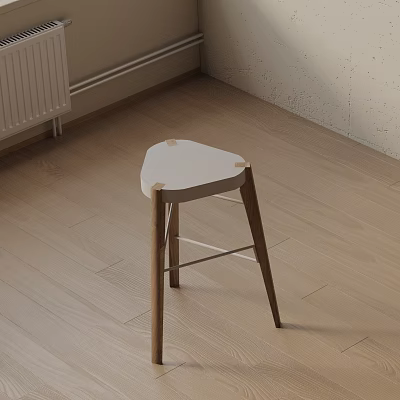 Minimalist Bar Stool With Slim Wooden Legs And White Smooth Seat On Light Wooden Floor 3d model