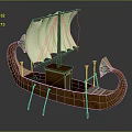 Ancient Ship Model With White Sail Decorative Prow Stern Small Chest And Oars