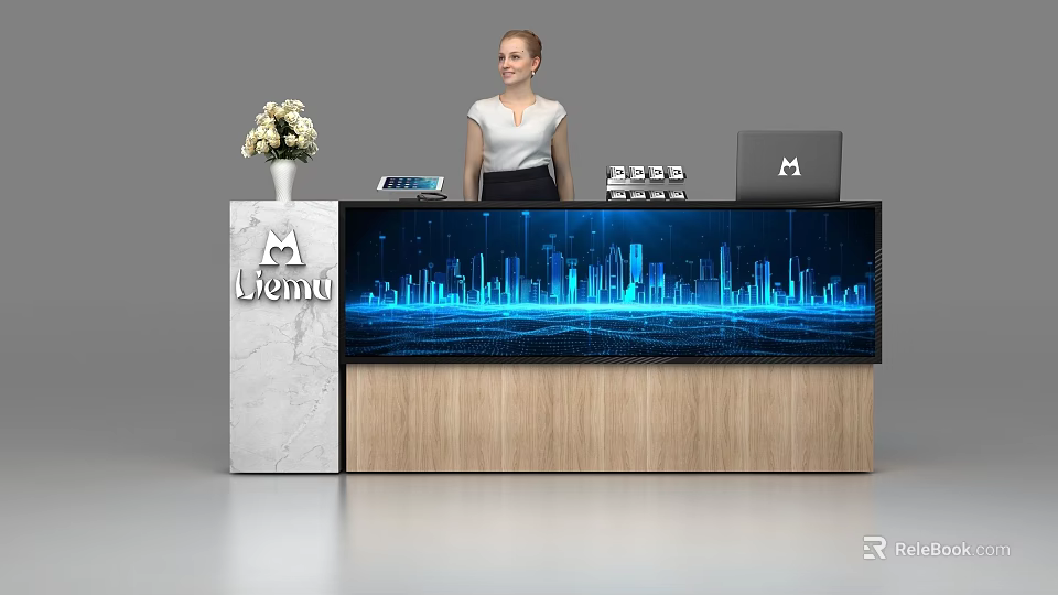 Modern Reception Desk Featuring Marble Wooden Panel City Skyline Display Vase Flowers and Laptop 3d model 