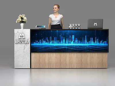 Modern Reception Desk Featuring Marble Wooden Panel City Skyline Display Vase Flowers and Laptop 3d model