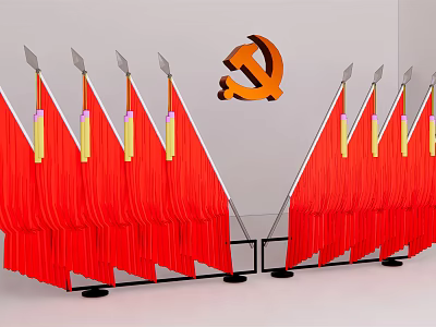 Red National Flags Display With Decorative Fringe And Hammer Sickle Symbol 3d model