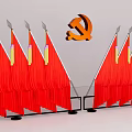 Red National Flags Display With Decorative Fringe And Hammer Sickle Symbol