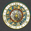 Decorative Zodiac Clock With Roman Numerals Gold Zodiac Signs Green Frame White Dial And Ornate Design