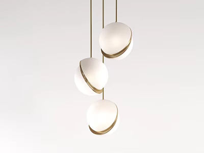 Modern Three Pendant Lights With White Spherical Shades And Gold Edges Hanging On Gold Chains 3d model