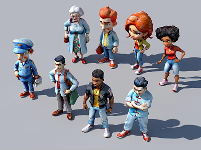 Diverse Collection of Cartoon Characters with Various Outfits and Poses 3d model