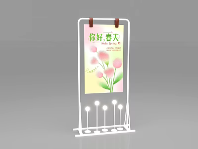 Spring Themed Directional Signage With Hello Spring Text Pink Flowers And Small Lights 3d model
