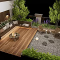 Roof Garden With Wooden Deck Sofa Fire Pit Trees Purple Flowers Outdoor Lighting