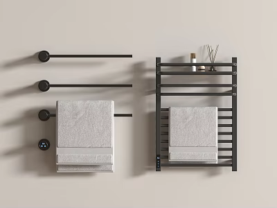 Stylish Black Bathroom Accessories Including Towel Bars Rack Towels Toiletries And Aromatic Sticks 3d model