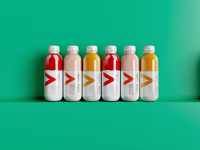 Six Various Colored Bottled Drinks With White Labels And Red Orange Logos On Green Background 3d model