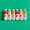 Six Various Colored Bottled Drinks With White Labels And Red Orange Logos On Green Background