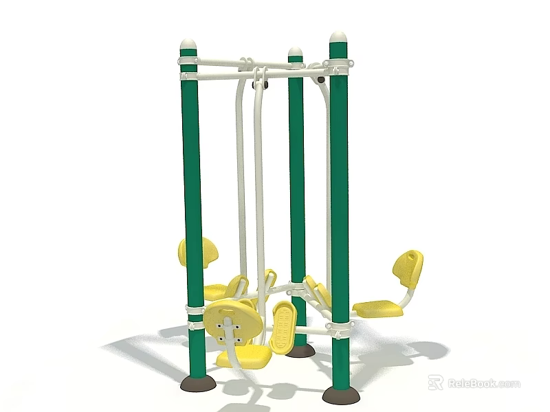 Outdoor Sports Equipment with Green Poles White Frame and Yellow Seats for Public Fitness Exercise 3d model 